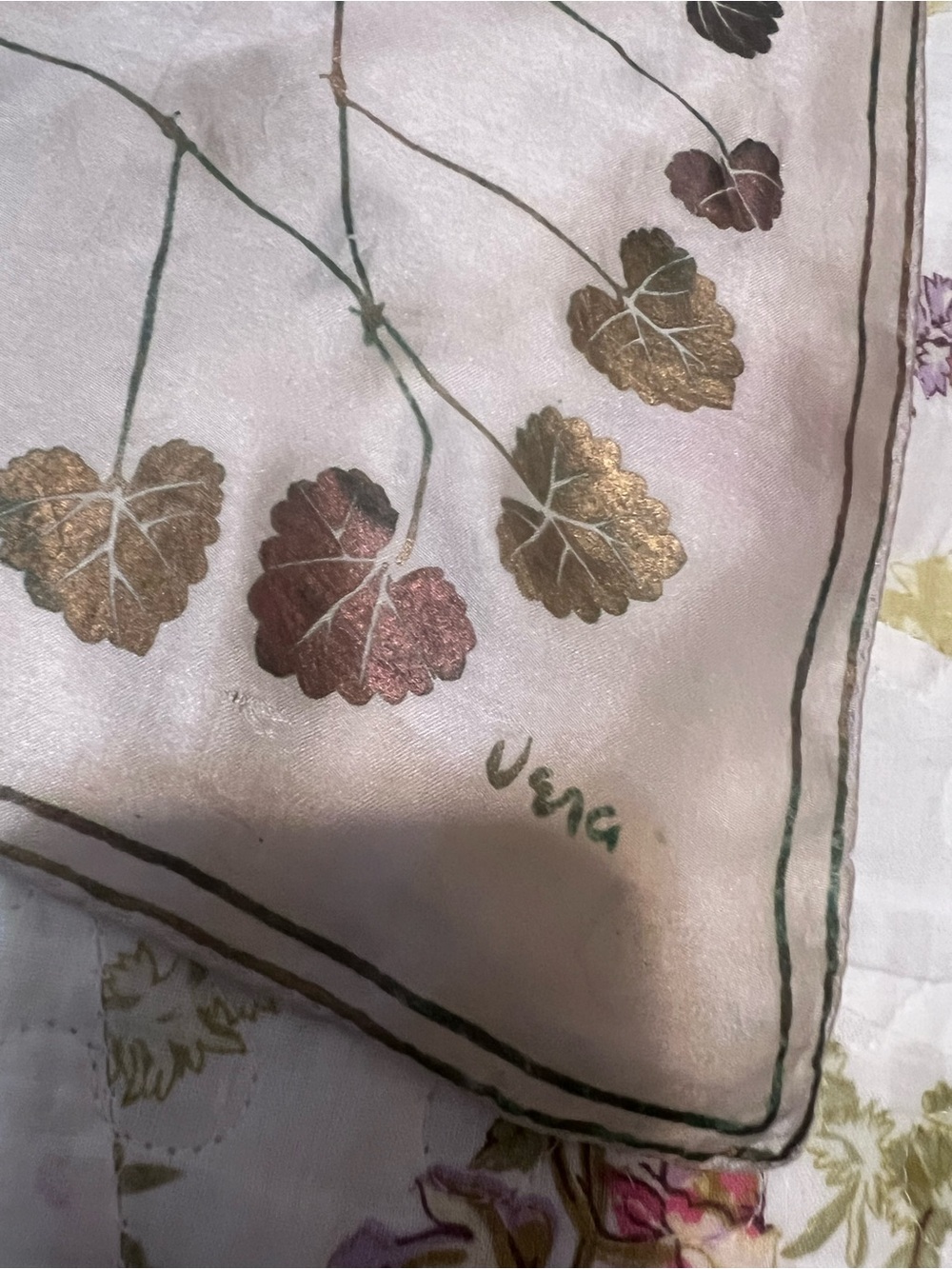 Vintage Scarves by Vera Pure Silk Scarf Ivy Leaf Border Hand Rolled ~30" Square - Picture 2 of 10